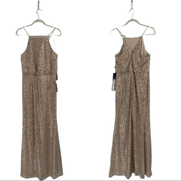Adrianna Papell Women's Nude Sequined Blouson Halter Formal Gown Sz10M $179 - Picture 3 of 5